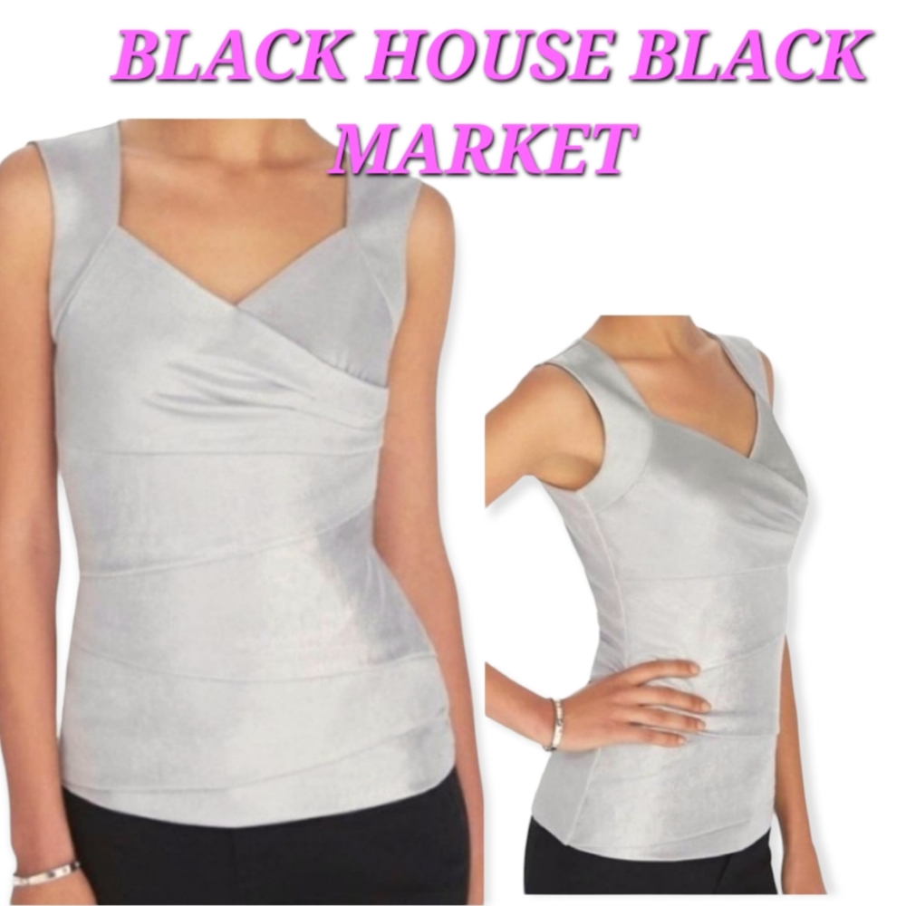 White House Black Market gray/silver metallic halted front wrap blouse/top